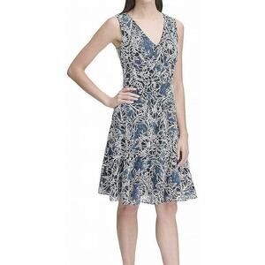 Tommy Hilfiger Women's 4 Navy White Floral Outline Lace Fit & Flare Dress V-Neck